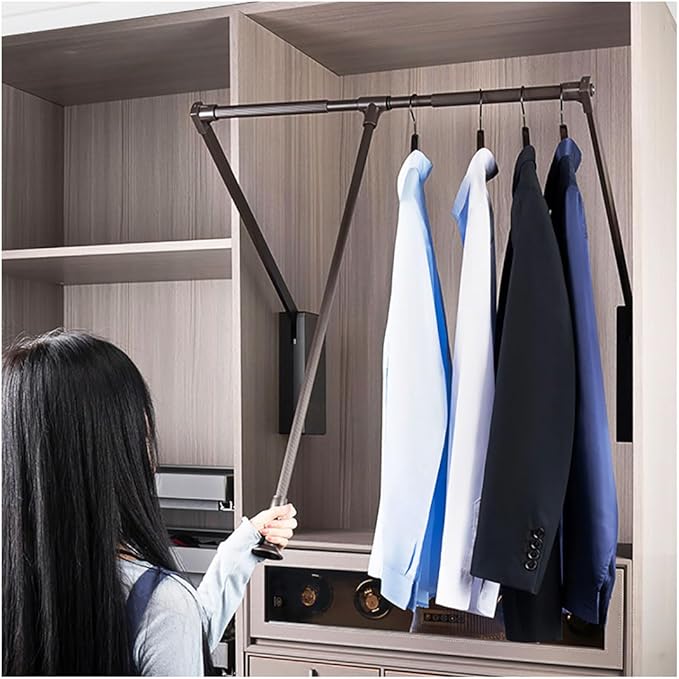 Pull Down Closet Rod for Hanging Clothes, Retractable Wardrobe Hanger for Cabinet Inside Width 21.6"~26", Aluminium alloy Tubing with Plastic Housing, 44 lb Weight Rating