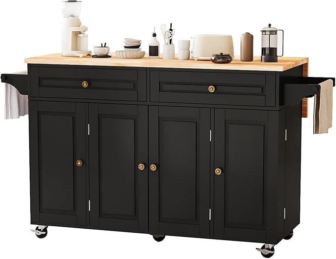 59’’ Rolling Kitchen Island Cart with Drop Leaf and Power Outlet, Movable Kitchen Islands with 3-Tier Door Storage Shelf, Island Table on Wheels, 2 Large Drawers, Towel Racks, Black