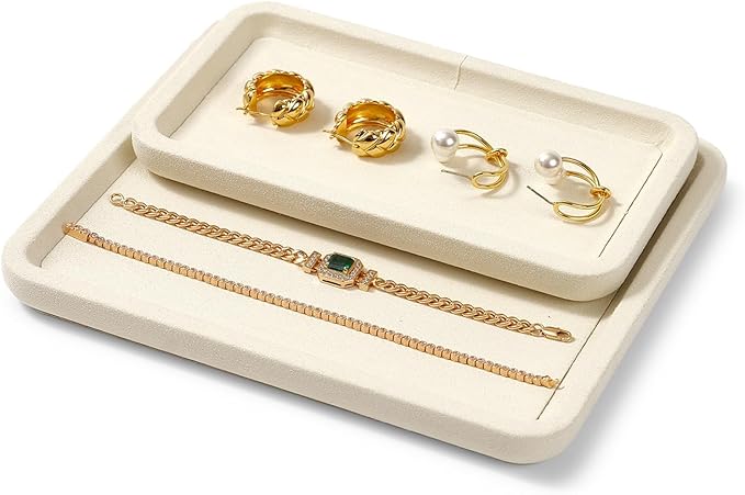 Microfiber Jewelry Display Flat Tray for Rings Earrings Necklace Bracelet, Jewelry Photograph Display Catchall Organizer Tray Dish(M,Beige)
