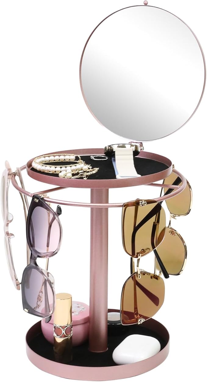 360° Rotating Sunglasses Organizer With Mirror, Metal Glasses Holder Stand, Sunglass Storage Display Eyewear Eyeglasses Rack with Tray for Desk Nightstand Dresser Table Countertop Bedroom, Rose Gold