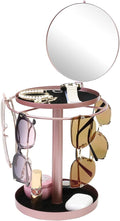 360° Rotating Sunglasses Organizer With Mirror, Metal Glasses Holder Stand, Sunglass Storage Display Eyewear Eyeglasses Rack with Tray for Desk Nightstand Dresser Table Countertop Bedroom, Rose Gold