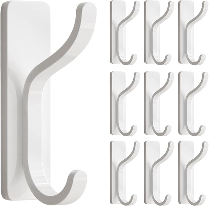 pickpiff 10-Pack Self Adhesive Wall Hooks for Hanging - 13 LB Strong Hold, Sticky Hangers for Coat, Towel, Purse, Keys, Bag - for Wall, Door, Bathroom, Shower, Dorm, Kitchen - Stainless Metal, White
