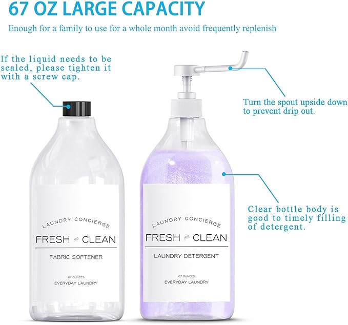 1/2 Gallon Laundry Detergent Dispenser Bottle - Refillable Fabric Softener Clear Pump Bottle - Liquid Soap Dispenser for Laundry Room Organization, BPA Free & PET Plastic - Pack of 2
