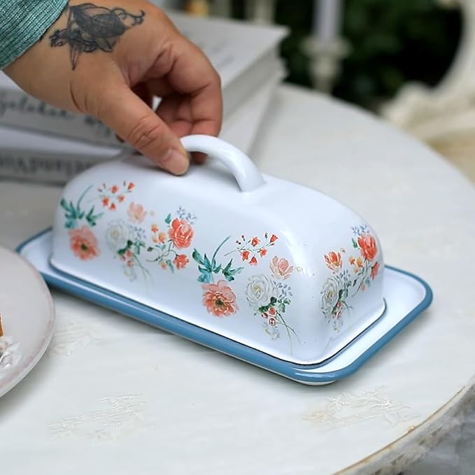 Enameled Farmhouse Vintage Butter Dish with Lid, 7.5 Inch Durable Kitchen Food Storage Container Rust-Resistant Refrigerator Safe,Vintage Decorative Design Kitchenware for Countertop