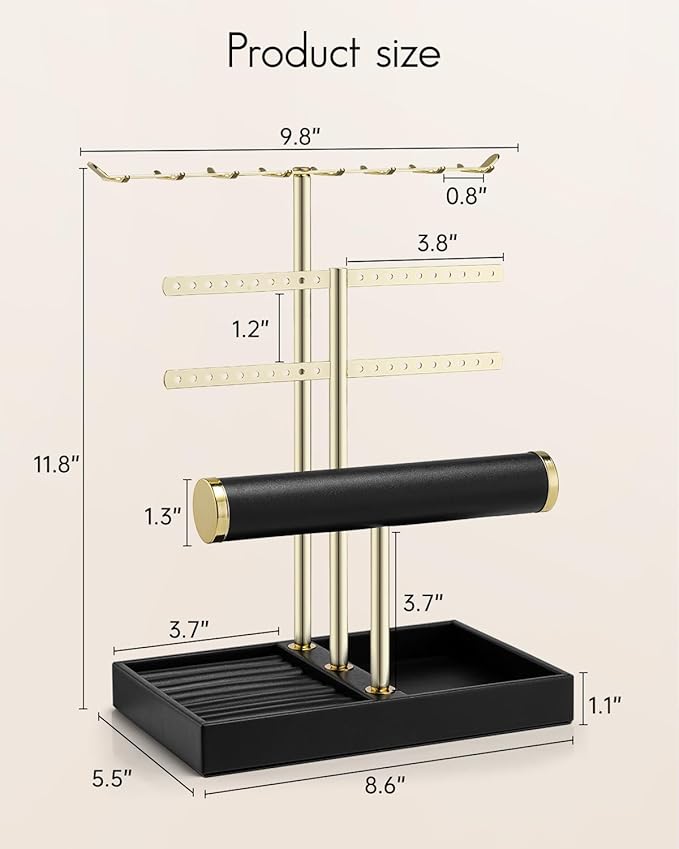 Vlando 3 Tier Jewelry Stand Organizer with Tary, Leather Jewelry Holder Display for Women, Gold Jewlery Holder Display for Necklace, Earring, Bracelet, Rings - Black