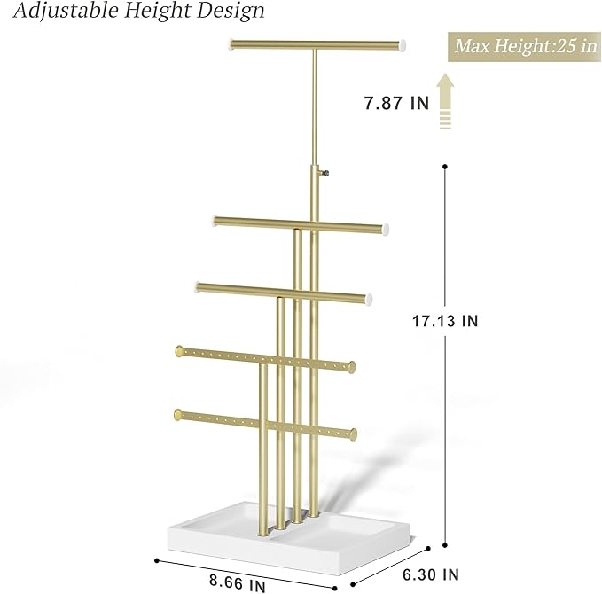Love-KANKEI Jewelry Organizer Stand,5 Tier Large Necklace Holder with Wood Base,Jewelry holder stand Tree for Display,Bracelets Earrings Rings,Height Adjustable Gift White and Gold