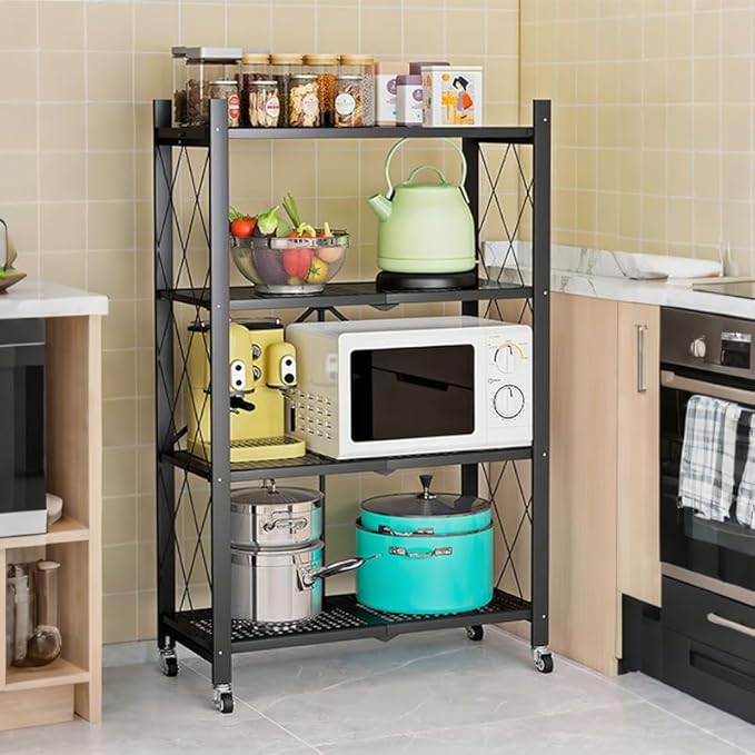 Four-Layer Foldable Storage Metal Shelf with Locking Wheels,Easy Assembly and Move Space-Saving Shelves Organizer Suitable for Kitchen, Pantry and Closet-28.54" L x 14.17" W x 46.06" H