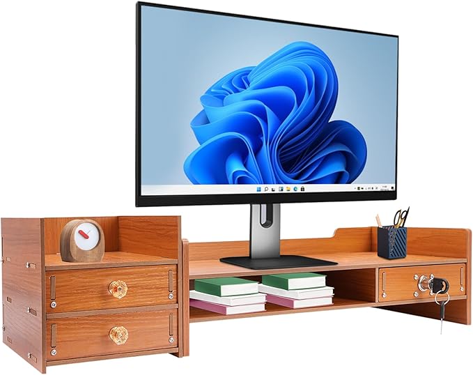 Monitor Stand,Computer Monitor Stand,Computer Rack with Drawers,Desk Shelf Wood Desk Organizer,Wooden Desktop Organizers w/Lock for Home Office Workspace Organizer (5.95lbs)