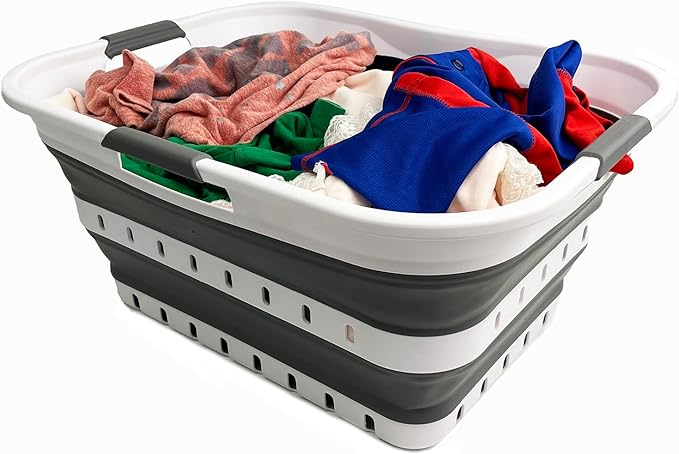 SAMMART Collapsible Plastic Rectangular Laundry Basket - Foldable Pop Up Storage Container/Organizer - Portable Laundry Hamper - Space Saving (White/Steel Grey, 42L)