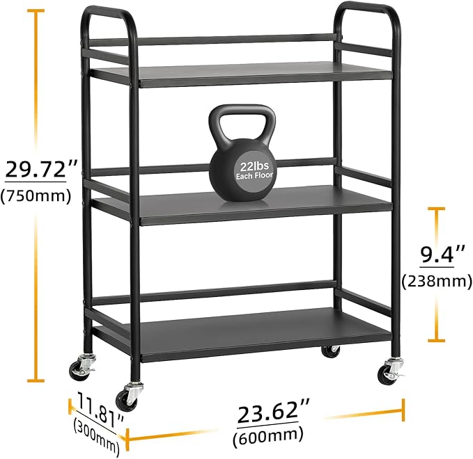 HDANI 3 Tier Metal Utility Multipurpose Rolling Cart,Large Capacity Heavy Duty Cart with Lockable Wheels Rolling Cart with 2 Lockable Wheels for Home,Office,Kitchen,Bathroom,Bedroom(Black)