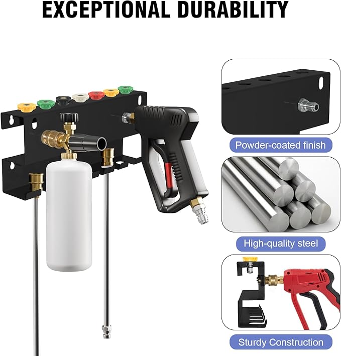 Wall Mounted Pressure Washer Gun & Foam Cannon Holder, Car Wash Accessories Storage Rack for Wand Extension and Nozzle Tips, Fits 1/4" Quick Connect, Black