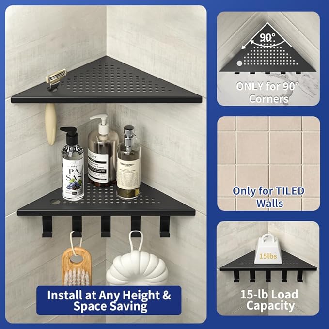 Grout in Shower Shelves with Hooks, 304 Stainless Steel Corner Bathroom Shelf for Tiled Wall (Matte Black, 10'' x 10'')