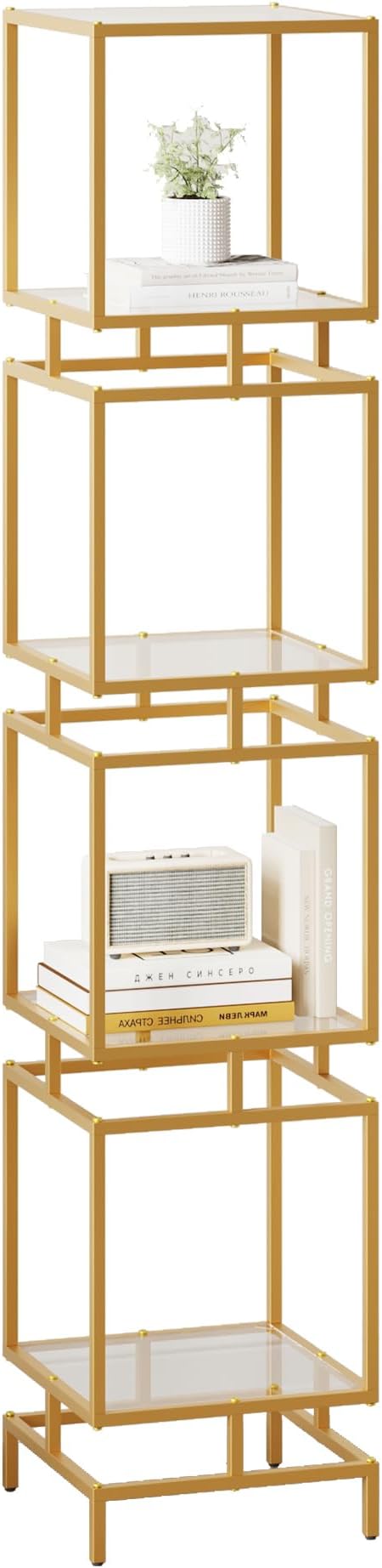 4 Cube Glass Shelf, 4-Tier Bookshelf, Display Shelf Rack, Metal Storage Rack with Tempered Glass, Modern Style for Living Room, Bathroom, Kitchen, Golden