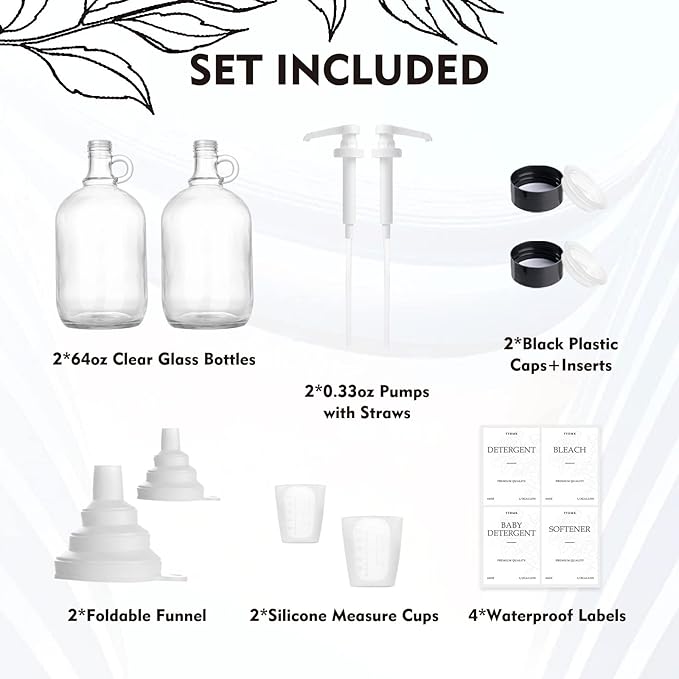 2 Pcs Glass Liquid Laundry Detergent Dispenser, Half Gallon Laundry Soap Dispenser for Laundry Room (64 oz. Each), Laundry Detergent Bottles with Pump Dispenser -Includes Labels, Funnel, Measuring Cup