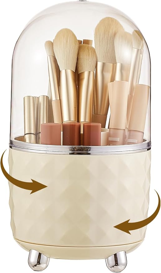 Makeup Brush Holder with Dustproof Lid, 360 Rotating Makeup Brush Organizer, Brushes Cup for Cosmetics, Nail Polish, Bathroom Vanity