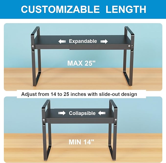 Expandable Cabinet Shelf Organizer 14-25 Inch Adjustable Length, 11" Wide 2-Tier (8" Bottom Layer) Metal Storage Rack for Kitchen Pantry, Under Sink Countertop - Heavy Duty Black(1 Pack)