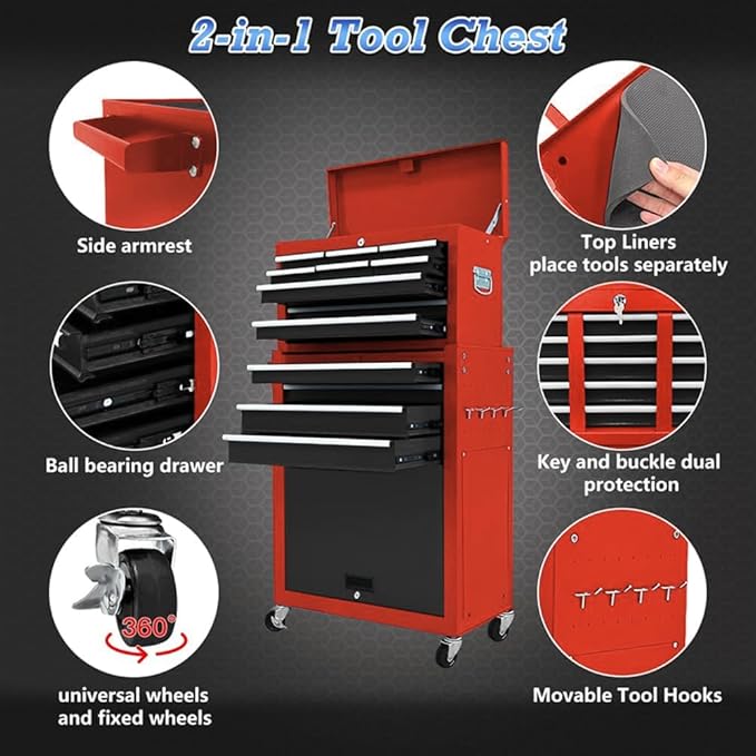 13 Drawer Tool Chest,Tool box with Wheels, Rolling Tool Cabinets with Drawers, Top Detachable Tool Chest with Hooks Handles for Workshop Mechanical Garage - (Black＆Red)