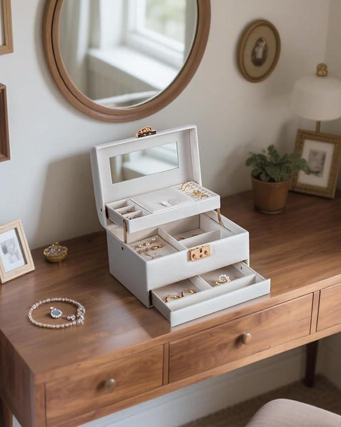 CASEGRACE Jewelry Box,3 Layers Leather Jewelry Storage Box with Lock, Mirror,Jewelry Storage Case for Necklaces Earrings Bracelets and Rings