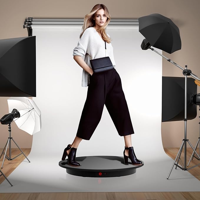 JAYEGT Motorized Rotating Display Stand, 350Lbs Load，360 Degree Electric Rotating Potography Turntable for Products Display，Live Show， Remote Control +5 Colors Backgrounds (Black/23.6Inch/Wired)