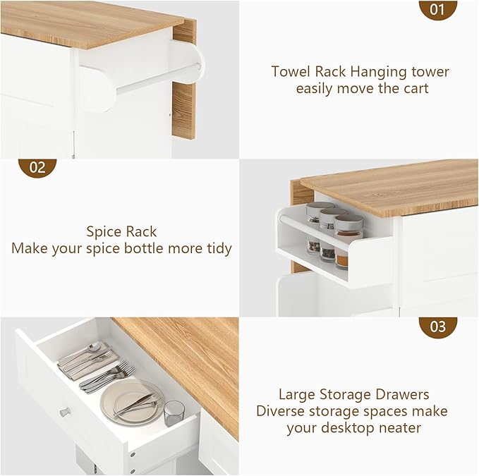 YOURLITE Kitchen Islands with Wheels, 45" Kitchen Island with Drop Leaf, Home Bar Table with Spice Rack & with Trash Cabinet, Rolling Island Table for Dining Room with Power Outlet, White