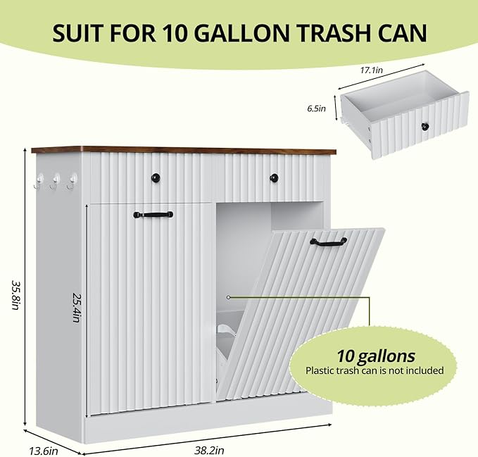 Double Tilt Out Trash Can Cabinet, 20 Gallon Fluted Laundry Hamper Cabinet with 2 Drawers, Wooden Hidden Garbage Can Cabinets for Kitchen, Living Room, Without Trash Bin or Laundry Hamper, White