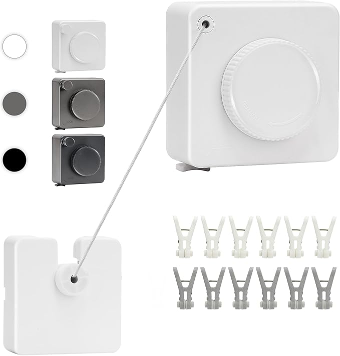 15.7Ft Retractable Clothesline Indoor an Anti-sag Retractable Clothesline Outdoor,Laundry Line Wall Mounted Stainless Steel Wire Laundry, with 12 Clip(White)