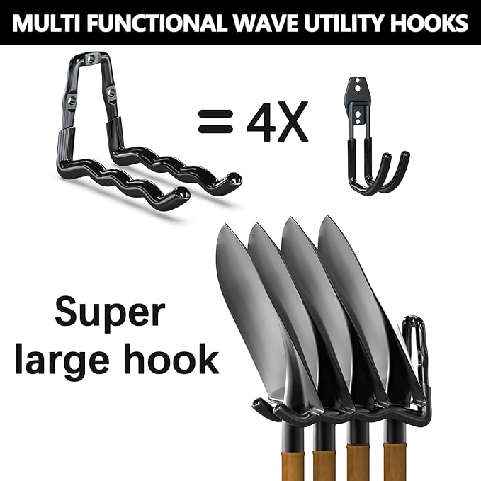 3-H Heavy Duty Garage Hooks 6 Pack, One-Piece Construction Garage Wall Hooks, Garage Hanger & Organizer Wall Mount for Ladders, Bikes, Chairs, WeedEaters, Shovels, Garden Tools (Black)