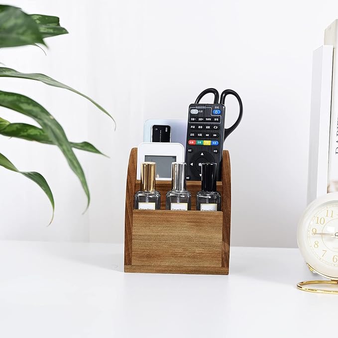 OKSQW Rustic Vintage Wooden Desk Organizer Farmhouse Wood Remote Control Caddy, 3 Slot Tabletop Desktop Office Supply Storage Rack Desktop TV Remote Control Holder Home Decor Office Supplies Storage