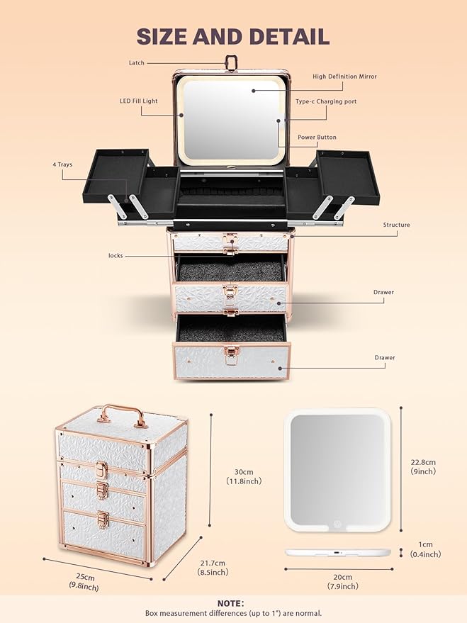 Qislee Makeup Box with Double Drawers and Four Trays, A Detachable Lighted Mirror, Waterproof Travel Train Case, Cosmetic Organizer and Makeup Suitcase with Magnetic LED Mirror(Bright White)