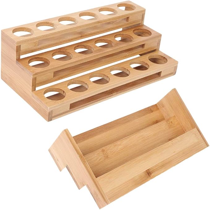 3 Tier Essential Oil Holder Stand, 1.4in Hole Diameter Wood Cosmetic Storage Organizer Rack, Makeup Display Stand for 18 Bottles
