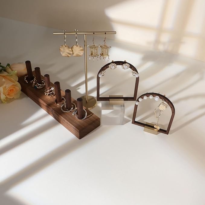 GemeShou 3pcs Wooden stud earring organizer holder, walnut earring hangers with brass base, Small Cute earring display for selling with 9 holes for each【Arch frame-3pcs】