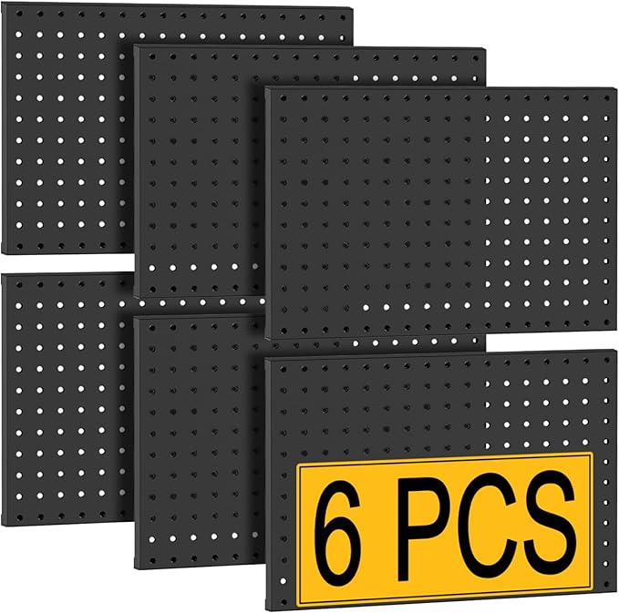 PBHEPJ 6 Pcs Metal Pegboard Panels, Heavy Duty Peg Boards for Garage and Garden Tool Storage, Includes Drywall Anchors and Screws Kits, Black (6 pcs 16in x 12in)