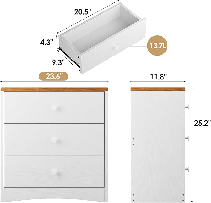 Nightstand,Farmhouse Wood Night Stand with 3 Storage Drawers,Wooden Small Dresser Chest of Drawers Bedside Tables for Bedroom Small Spaces,White+Walnut