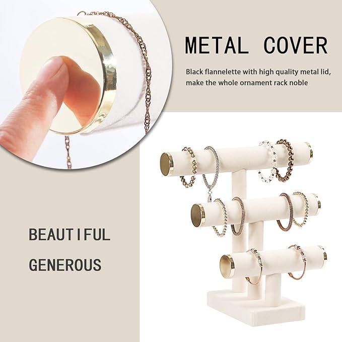 3 Tier Bracelet Holder,Bracelet Display Stand with Metal Cap,Beige White Velvet Jewelry Organizer Displays for Necklace Scrunchies Watches Hair Ties.