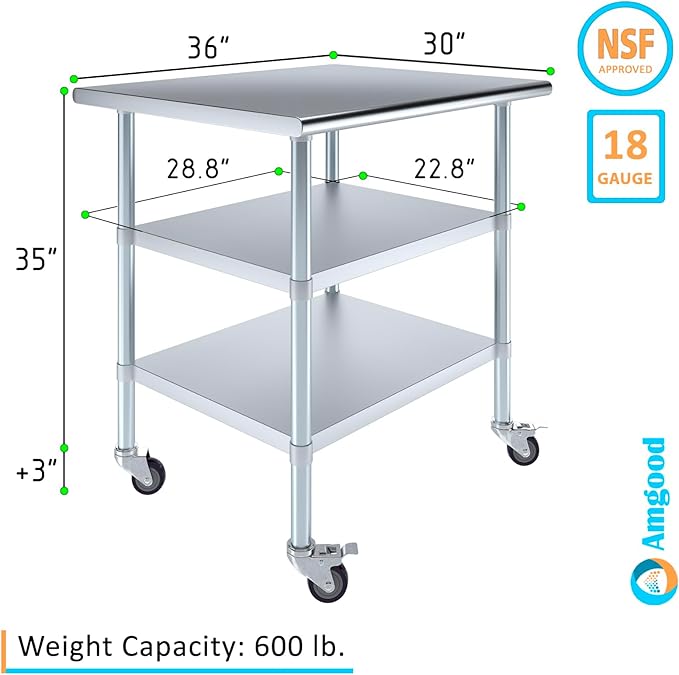 AmGood Stainless Steel Work Table with 2 Shelves and Casters | Metal Utility Table On Wheels (Stainless Steel Work Table with 2 Shelves + Casters, 36" Long x 30" Deep)