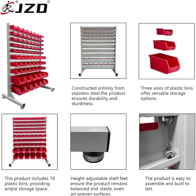 JZD Metal Bin Rack Storage Organizer System, Heavy Duty Steel Frame, 76 Plastic Bins, for Garage Workshop Factory