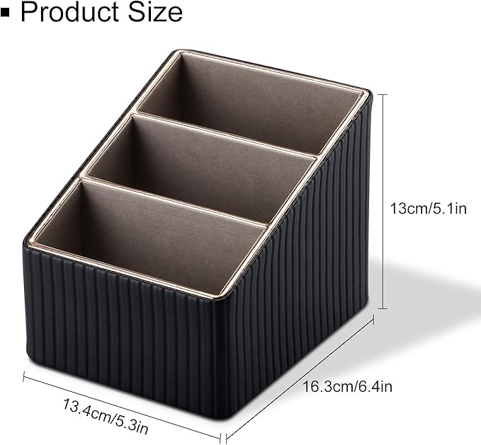 KINGFOM 3 Slot PU Leather Remote Controller Holder, Home Sundries Storage Box, TV Guide/Mail/CD Organizer/Caddy/Holder with Free Cable Desk Organizer (Black Striped)