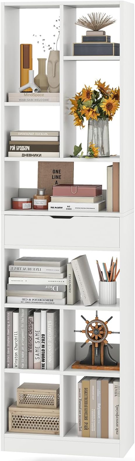 Tangkula 71” Tall Bookcase with Drawer, Modern Bookshelf with 10 Open Cubes, Floor Standing Display Rack Storage Cabinet with Anti-Tipping Kits for Living Room, Study, Office (1, White)