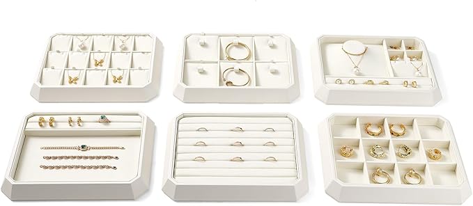 Premium PU Leather Stackable Jewelry Ring Display Tray Ring Earring Display Holder Organizer Showcase(Beige)