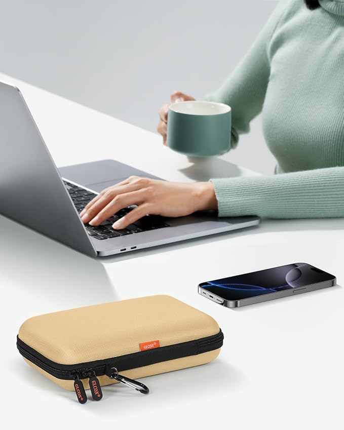 Kakhi-Brown Hard Shell Carrying Case for External Hard Drive, Power Bank, Charger, Cable, Cell Phone, Electronic Accessories - Larger Capacity Storage Pouch Shockproof Travel Case Bag for Men Women