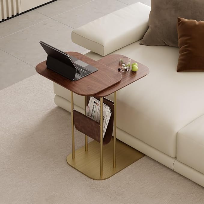 LOVEDIMA C-Shaped Walnut & Gold Rotating Side Table with Storage - 360° Swivel Top,Built-in Magazine Rack,Modern End Table for Sofa/Bedside