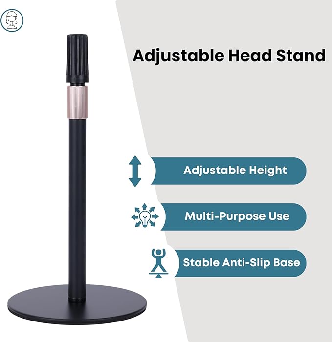 Adjustable Wig Head Stand – Matte Black Metal, 11" to 17.5" Height, Works with Foam or Canvas Heads, Nail Practice Hand & More. Sturdy Non-Slip Base, Easy to Set Up (Frosted Black)