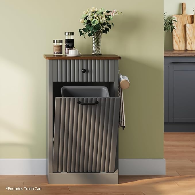 Tilt Out Trash Can Cabinet, 10 Gallon Fluted Laundry Hamper Cabinet with Drawers, Freestanding Wooden Hidden Garbage Can Cabinets for Kitchen, Living Room, Without Trash Bin or Laundry Hamper, Grey