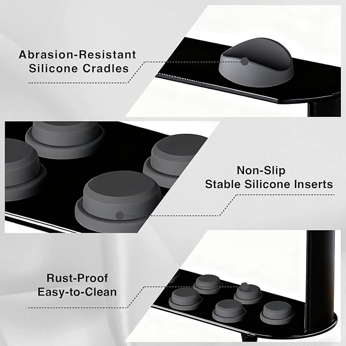 Holder for Dyson Airwrap 6" Barrel Only | Sturdy Metal Storage Rack with Protective Silicone Pad | Countertop Organizer for Attachments & Curling Iron with Self-Adhesive Hook, Black