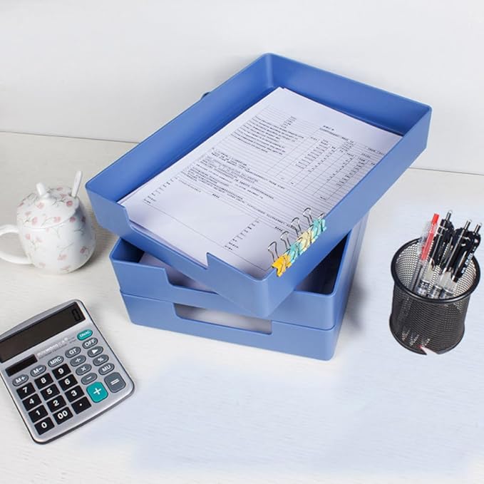 Letter-Size Tray, 2PCS A4 Plastic Stackable Paper Tray, Desk Drawer Organizer for Office, School, Home Storage, and Storage Containers for Christmas Ornaments, Gift Wrap, and Crafts (2x Blue)