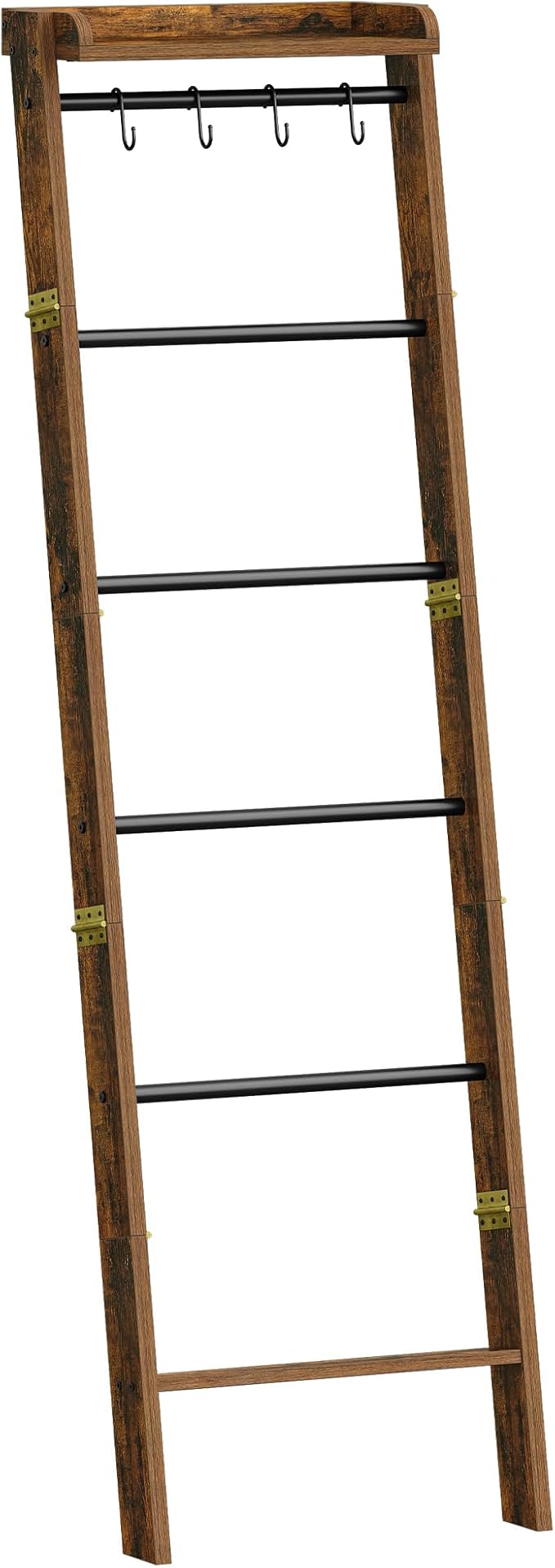 Blanket Ladder Shelf, Decorative Quilt Rack, 7-Tier Farmhouse Ladder Holder Organizer with 4 Removable Hooks, Rustic Brown BR36801B