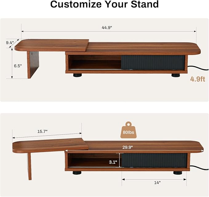 Artswish Monitor Riser Stand with Charging Station & RGB Light, Adjustable Angle Dual Monitor Stand for Desk, Computer Desk Shelf with Sliding Door, Desk Organization for Top of Desk, Walnut cOLOR