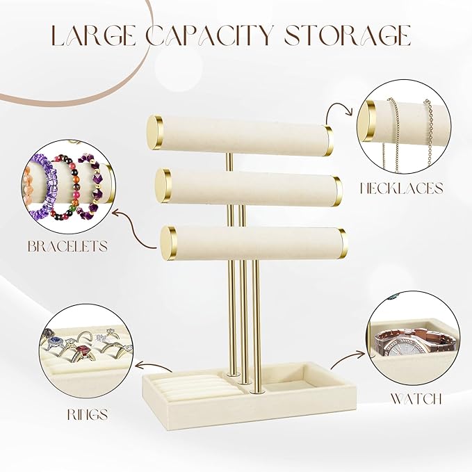Flexzion 3 Tier Bracelet Holder Display Stand - Beige Velvet Bracelet Holder Organizer with Detachable T Bar - Jewelry Display Stand for Bracelets, Bangles, Necklace, Watches, Rings