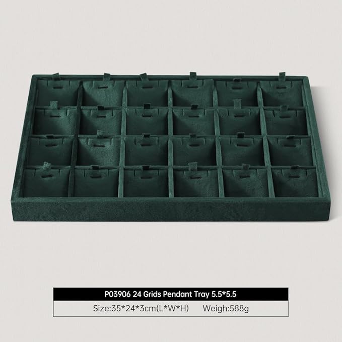Velvet Necklace Display Tray, Stackable 24 Grid Insert Pendant Necklaces Storage Holder Plate, Jewelry Retail Countertop Organizer (Green)