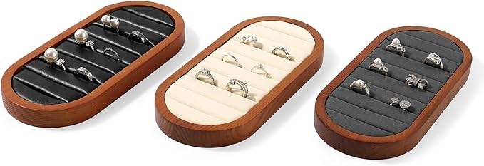 Small Jewelry Rings Display Tray Solid Wood Jewelry Display Organizer Tray for Rings Stud Earrings(Beige)